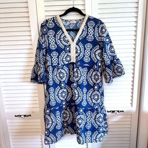 Saiph Dress‎ Medallion Print Crochet Trim Medium Blue Womens Boho Tunic Italy